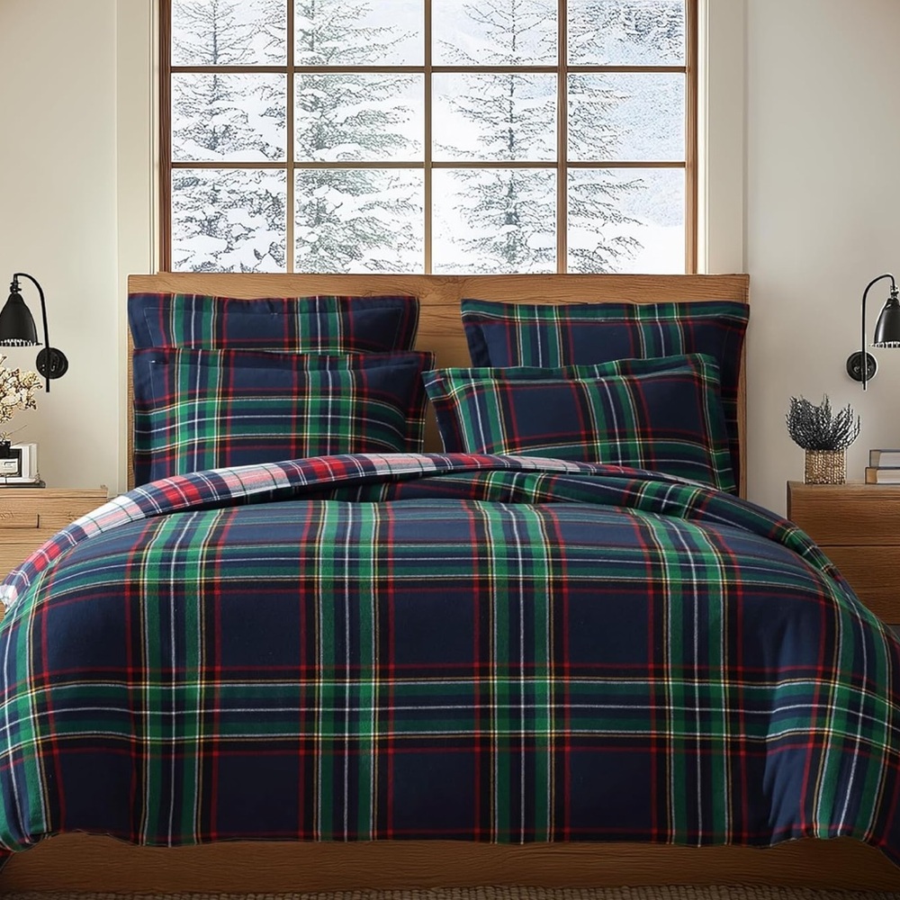 🆕 PB Style Navy Plaid Queen Duvet Set Stewart Christmas Cotton 3 Piece NEW